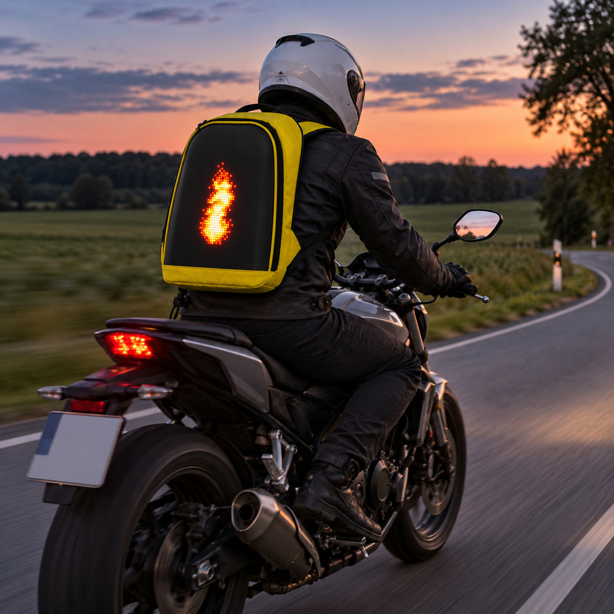 PIXLII Spectra 64 LED-Rucksack in Gelb mit leuchtendem Flammenmotiv bei einer Motorradfahrt im Sonnenuntergang