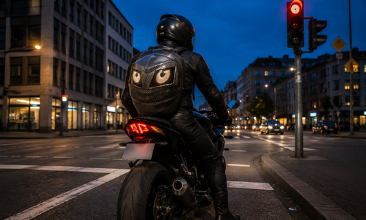 Motorradfahrer mit PIXLII Reaper LED-Rucksack wartet an einer roten Ampel in der Dämmerung.