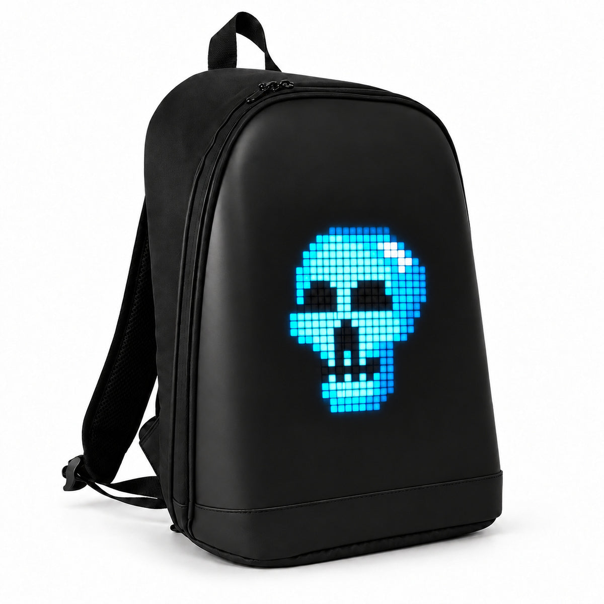 PIXLII Spectra 64 LED-Rucksack in Schwarz mit leuchtendem Totenkopfmotiv in Dreiviertelansicht