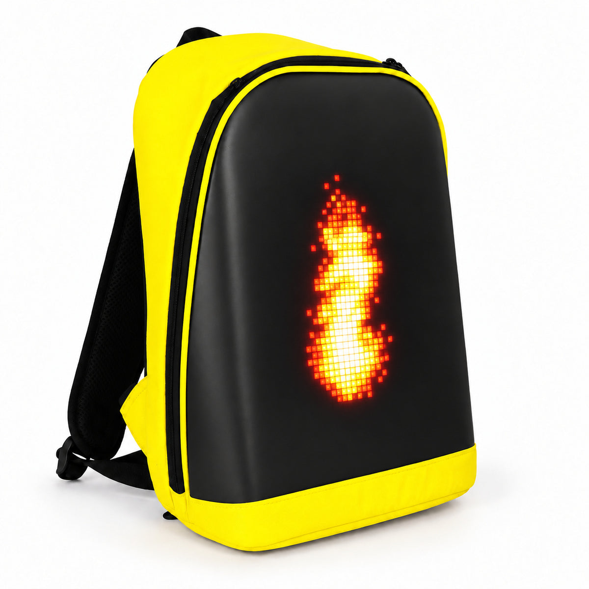 PIXLII Spectra 64 LED-Rucksack in Gelb mit leuchtendem Flammenmotiv in Dreiviertelansicht 