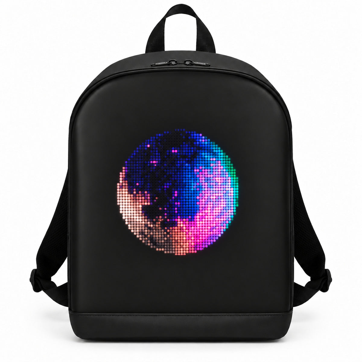 PIXLII Spectra 64 LED-Rucksack in Schwarz mit buntem Planetenmotiv in Frontansicht