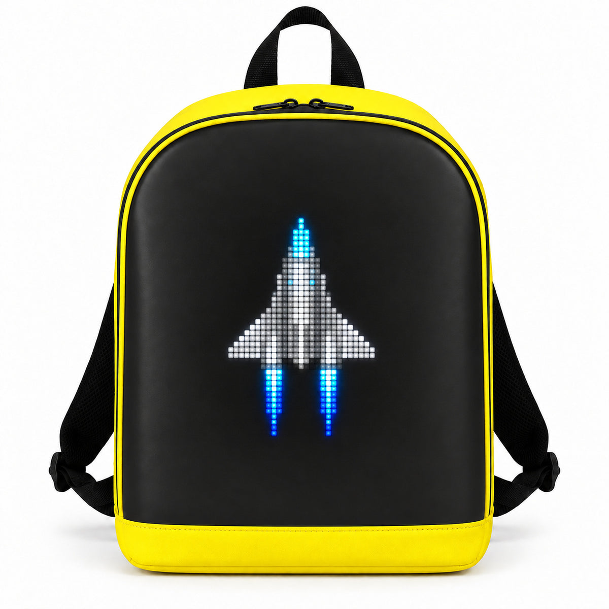 PIXLII Spectra 64 LED-Rucksack in Gelb mit leuchtendem Raumschiffmotiv in Frontansicht 