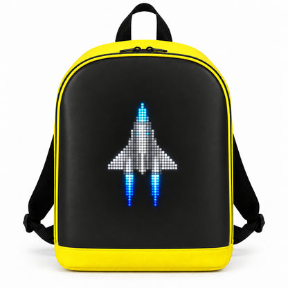 PIXLII Spectra 64 LED-Rucksack in Gelb mit leuchtendem Raumschiffmotiv in Frontansicht 