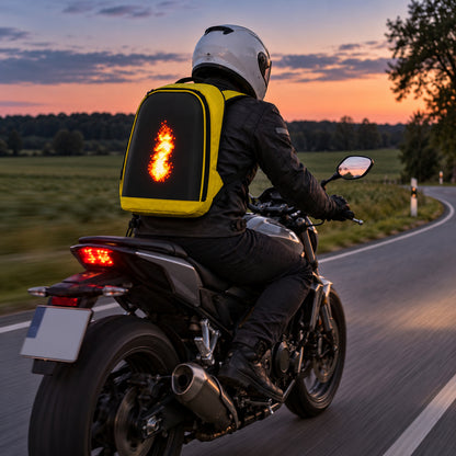 PIXLII Spectra 64 LED-Rucksack in Gelb mit leuchtendem Flammenmotiv bei einer Motorradfahrt im Sonnenuntergang