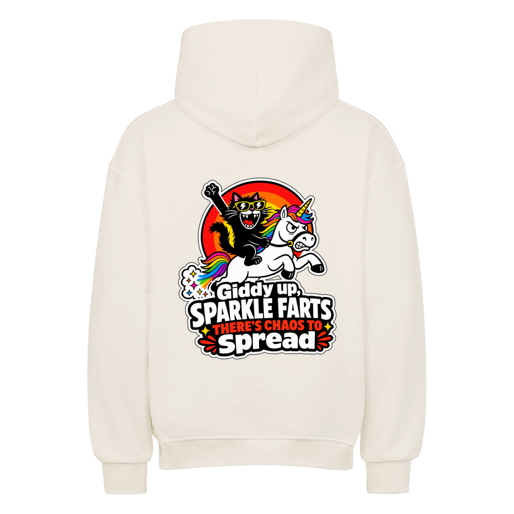 Beige Oversized Katzen-Hoodie mit buntem Sparkle-Farts-Einhorn-Rückenprint
