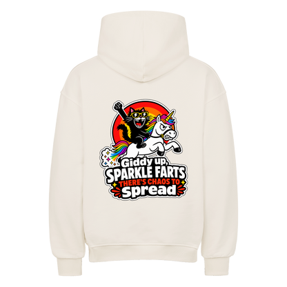 Beige Oversized Katzen-Hoodie mit buntem Sparkle-Farts-Einhorn-Rückenprint
