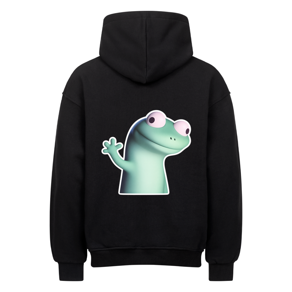 Oversized Hoodie in Schwarz mit großem, verdutzt winkendem Frosch als Rückenprint