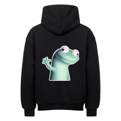 Oversized Hoodie in Schwarz mit großem, verdutzt winkendem Frosch als Rückenprint