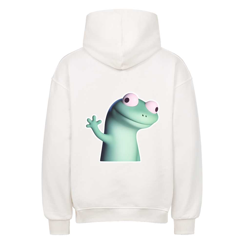 Oversized Hoodie in Weiß mit großem, verdutzt winkendem Lizard als Rückenprint