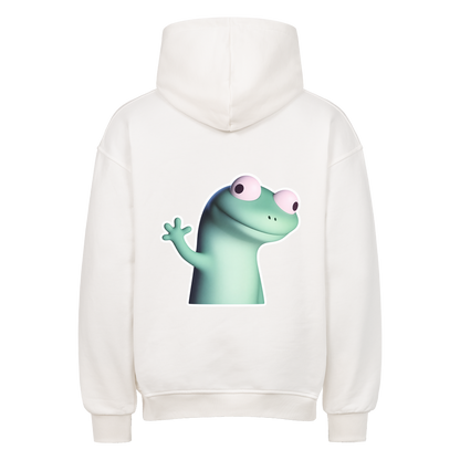 Oversized Hoodie in Weiß mit großem, verdutzt winkendem Lizard als Rückenprint