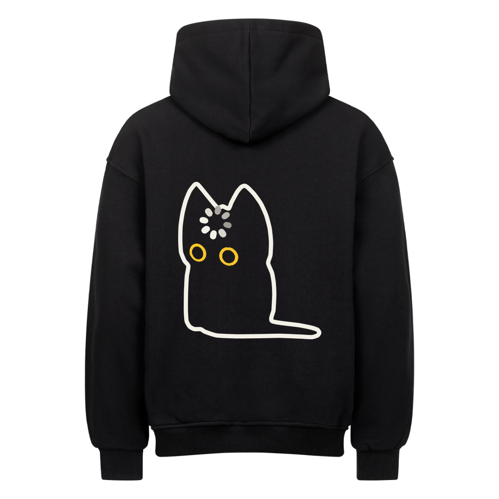 Rückansicht des schwarzen Oversized-Hoodies mit minimalistischem Katzen- und Ladesymbol-Print