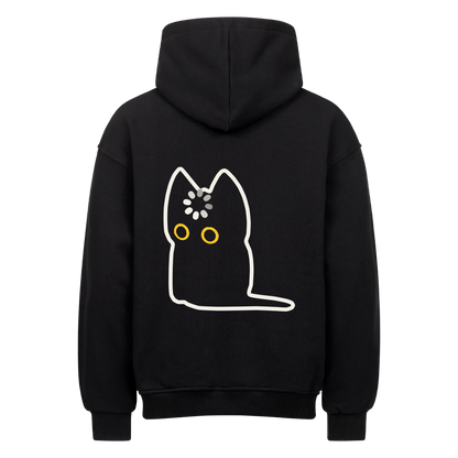Rückansicht des schwarzen Oversized-Hoodies mit minimalistischem Katzen- und Ladesymbol-Print