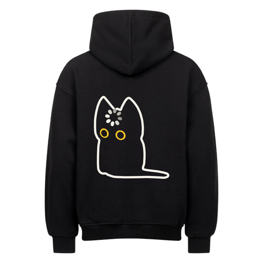 Rückansicht des schwarzen Oversized-Hoodies mit minimalistischem Katzen- und Ladesymbol-Print