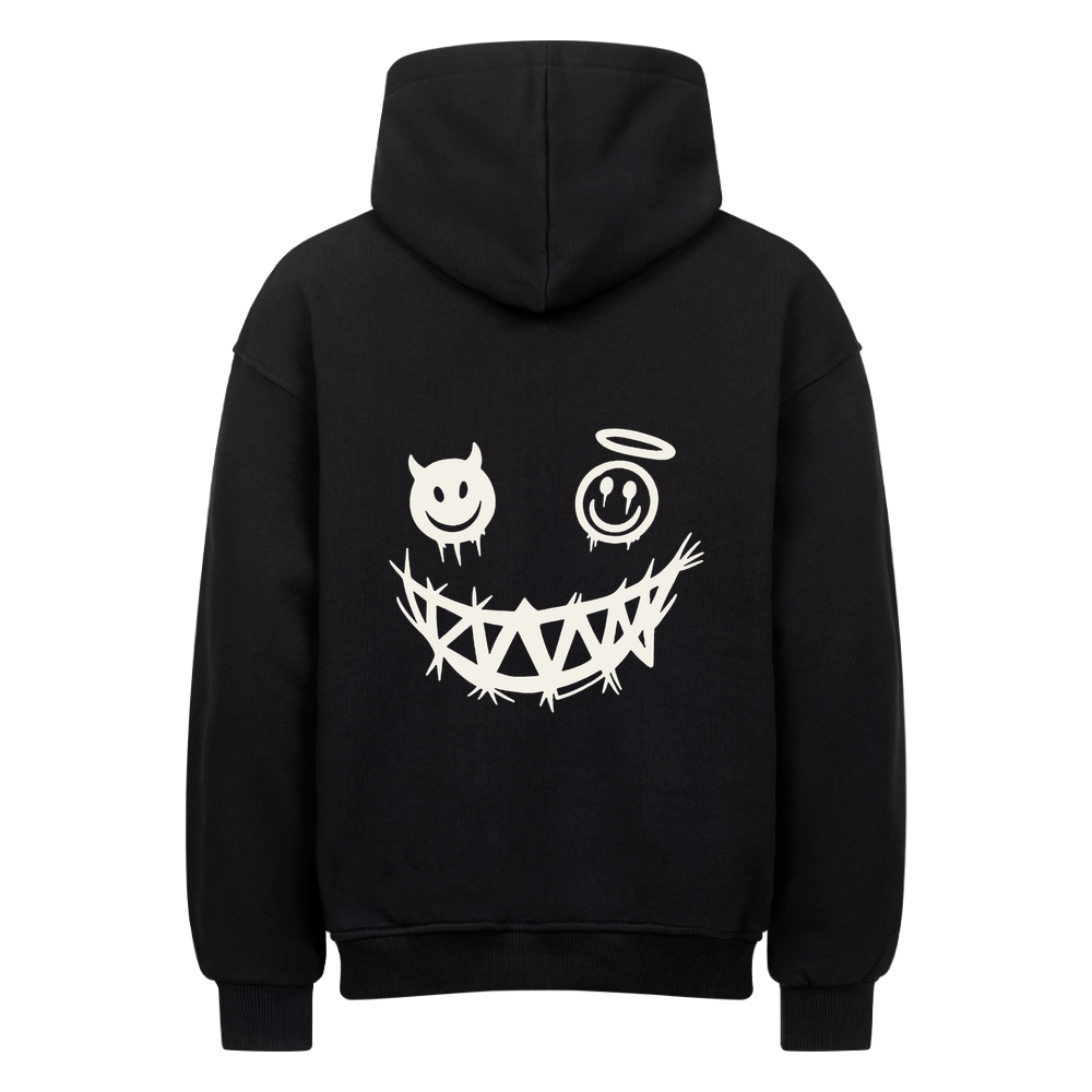 Rückansicht des schwarzen Oversized-Hoodies mit weißem Engel-und-Teufel-Motiv
