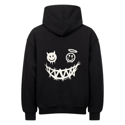 Rückansicht des schwarzen Oversized-Hoodies mit weißem Engel-und-Teufel-Motiv
