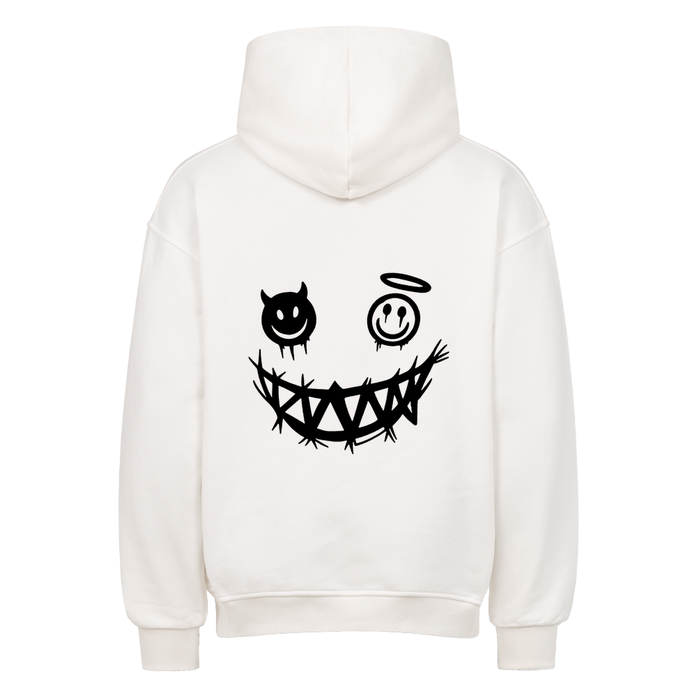 Rückansicht des weißenOversized-Hoodies mit schwarzen Engel-und-Teufel-Motiv
