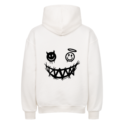 Rückansicht des weißenOversized-Hoodies mit schwarzen Engel-und-Teufel-Motiv
