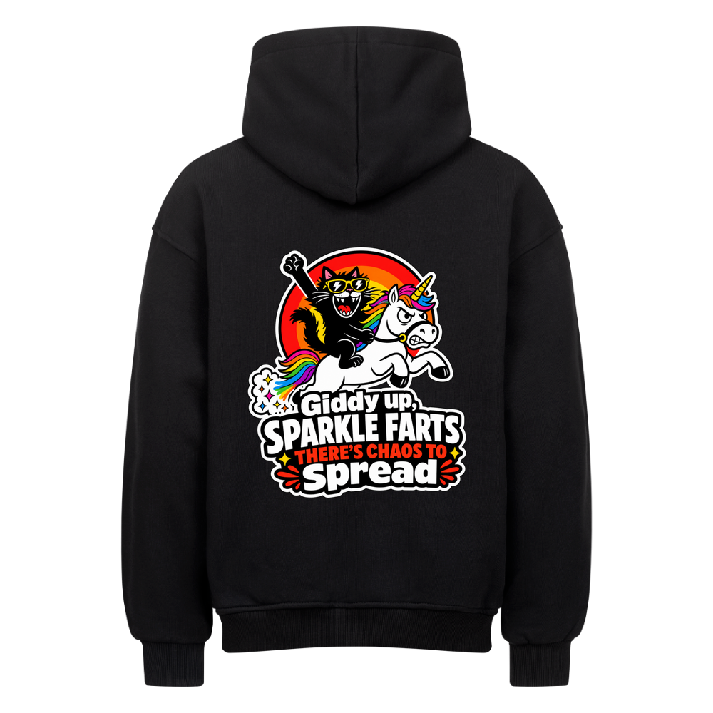 Schwarzer Oversized Katzen-Hoodie mit buntem Sparkle-Farts-Einhorn-Rückenprint