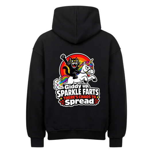 Schwarzer Oversized Katzen-Hoodie mit buntem Sparkle-Farts-Einhorn-Rückenprint