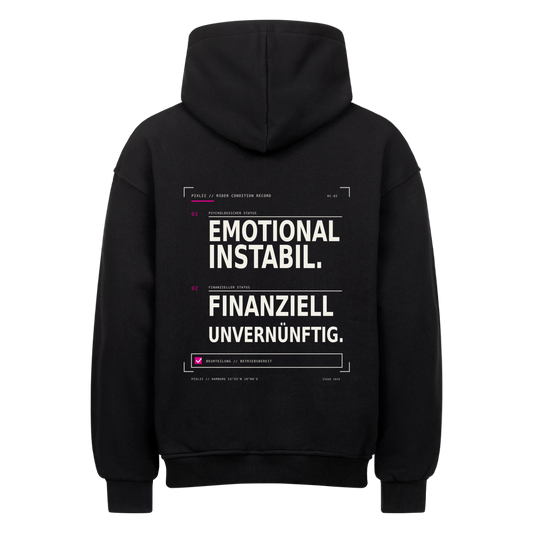 Schwarzer PIXLII Oversized-Motorrad-Hoodie mit Rückenprint „Emotional instabil. Finanziell unvernünftig.“