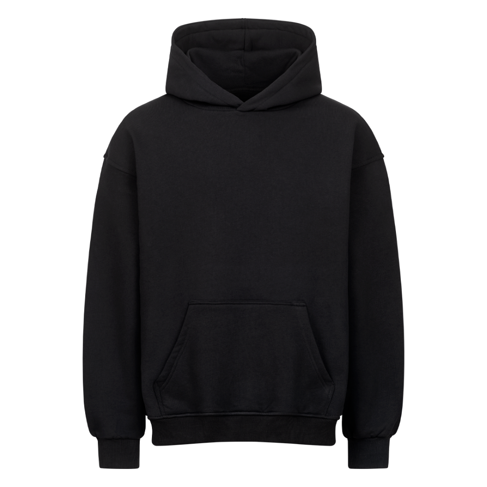 Schwarzer PIXLII Oversized-Motorrad-Hoodie mit Rückenprint „Emotional instabil. Finanziell unvernünftig.“_front