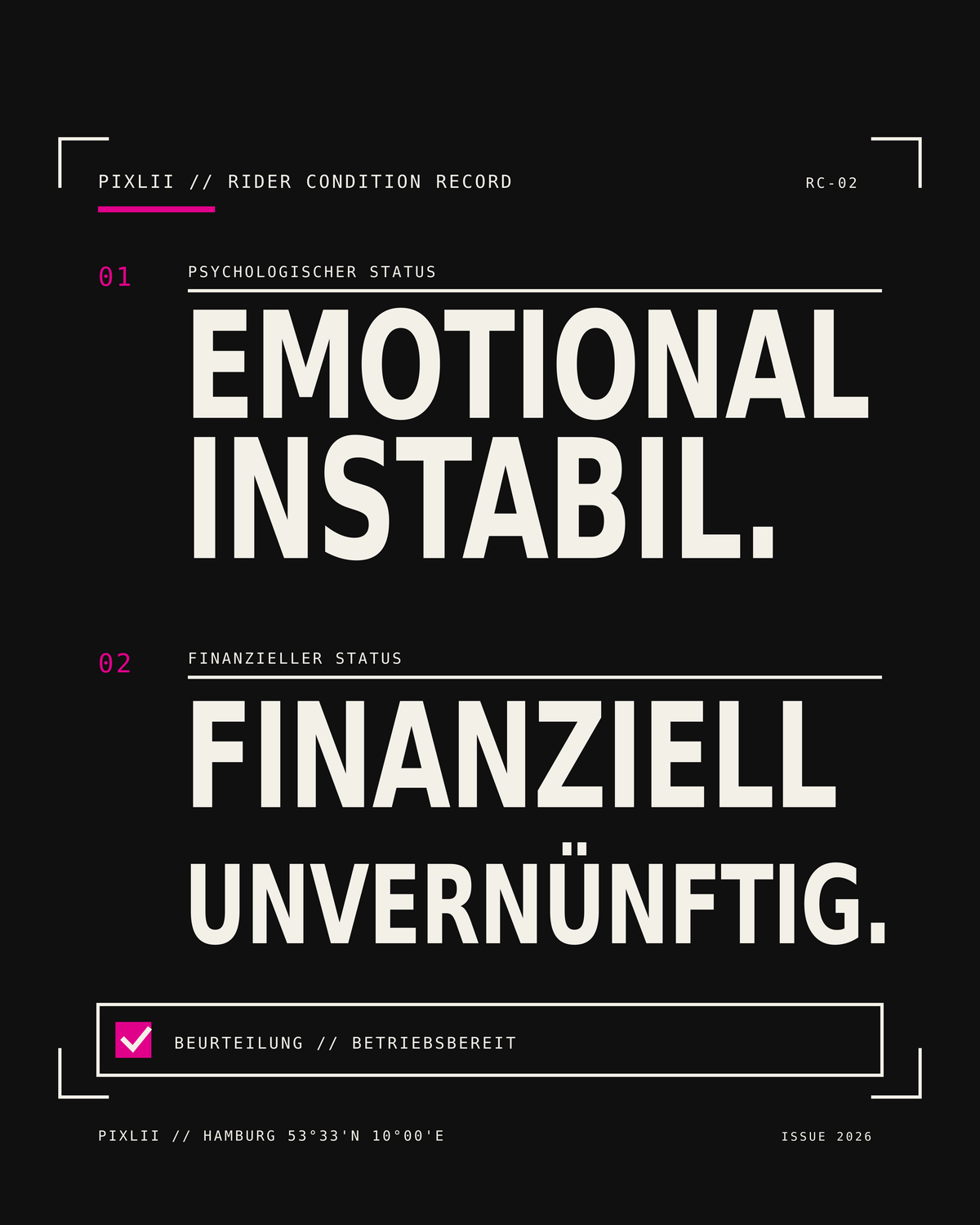 Schwarzer PIXLII Oversized-Motorrad-Hoodie mit Rückenprint „Emotional instabil. Finanziell unvernünftig.“_print