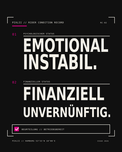 Schwarzer PIXLII Oversized-Motorrad-Hoodie mit Rückenprint „Emotional instabil. Finanziell unvernünftig.“_print
