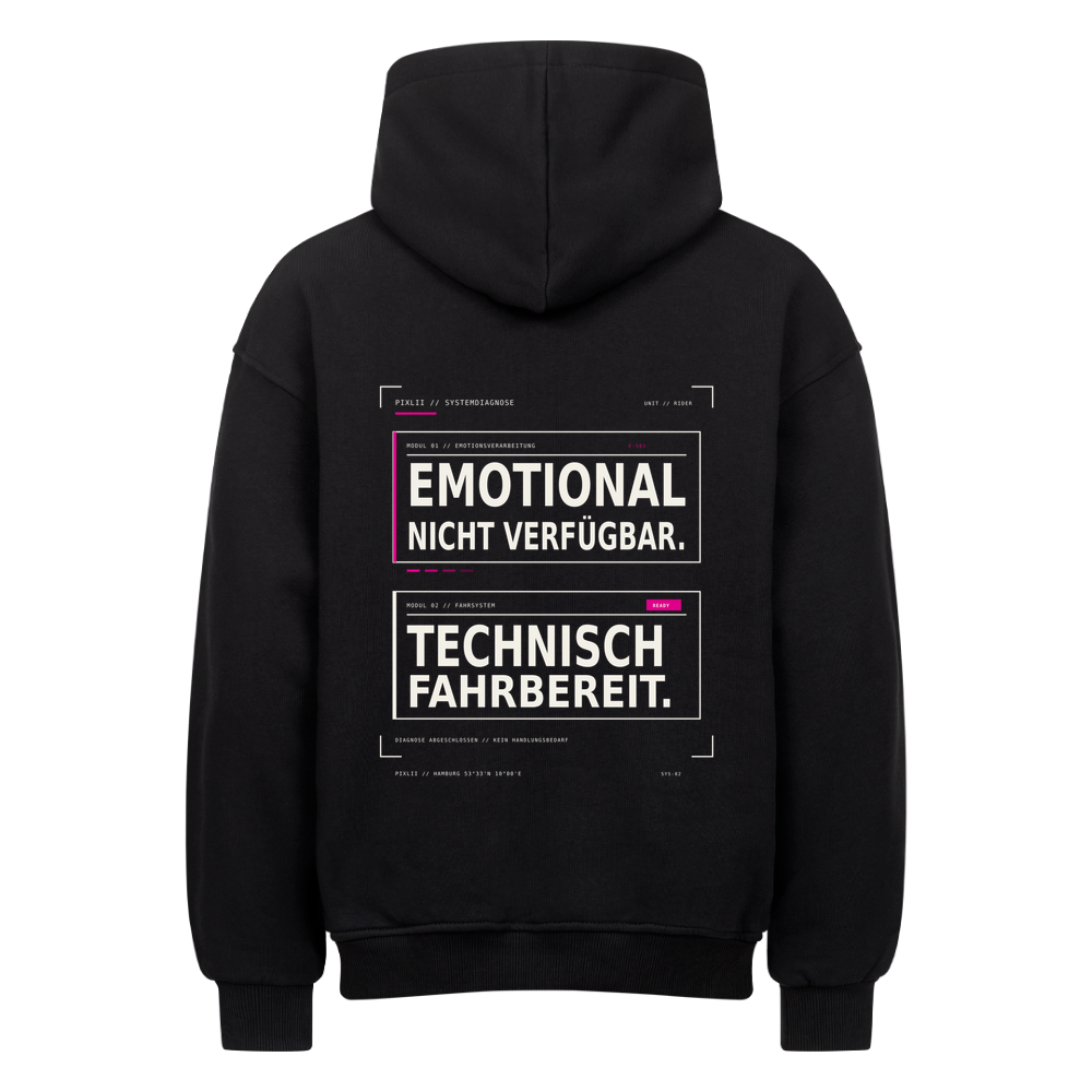 Schwarzer PIXLII Oversized-Motorrad-Hoodie mit Rückenprint „Emotional nicht verfügbar. Technisch Fahrbereit.“