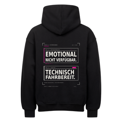 Schwarzer PIXLII Oversized-Motorrad-Hoodie mit Rückenprint „Emotional nicht verfügbar. Technisch Fahrbereit.“