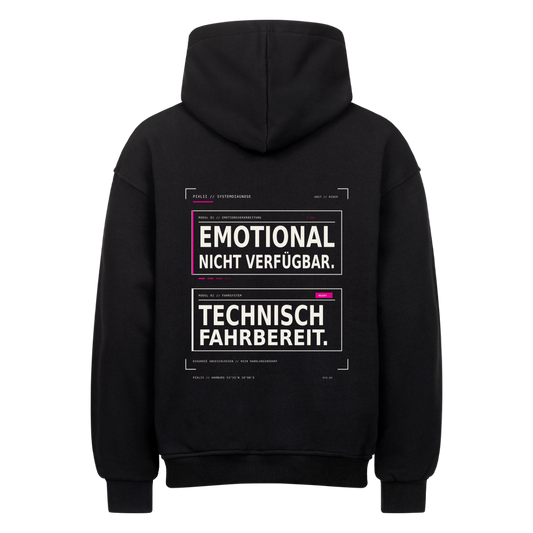 Schwarzer PIXLII Oversized-Motorrad-Hoodie mit Rückenprint „Emotional nicht verfügbar. Technisch Fahrbereit.“