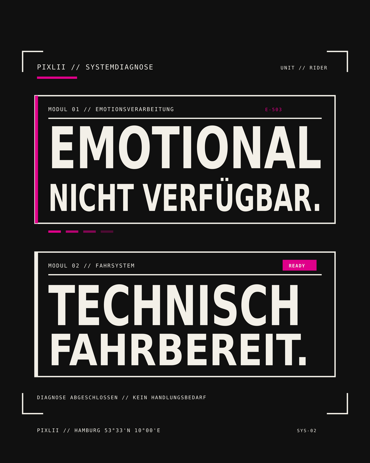Schwarzer PIXLII Oversized-Motorrad-Hoodie mit Rückenprint „Emotional nicht verfügbar. Technisch Fahrbereit.“_print