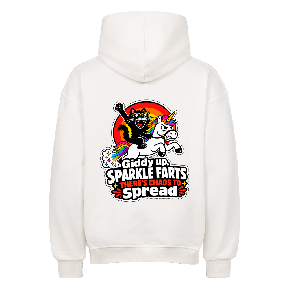 Weißer Oversized Katzen-Hoodie mit buntem Sparkle-Farts-Einhorn-Rückenprint
