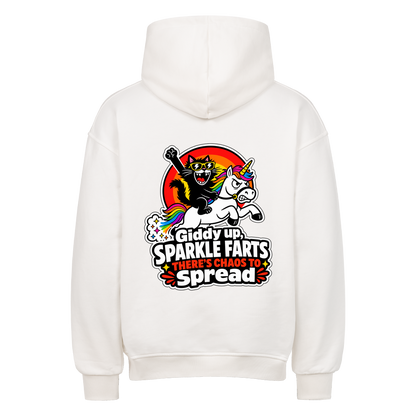 Weißer Oversized Katzen-Hoodie mit buntem Sparkle-Farts-Einhorn-Rückenprint

